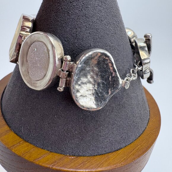 VTG Two Tone Sterling Silver 925 Slab Druzy Abstract Chain Bracelet 7.5" Length - Picture 5 of 16